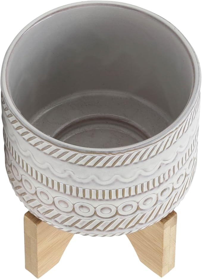 Sagebrook Home Ceramic Planter with Stand - Decorative Stoneware Plant Pot with Bamboo Wood Base - Boho Style Indoor & Outdoor Garden Decor for Home & Office - 8" Ivory & Tan