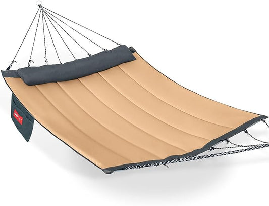 Lazy Daze Hammocks 12 FT Quilted Fabric Hammock with Curved Aluminium Spreaders Bar, Outside Double Thickened Hammock with Soft Pillow, Side Pocket 450 Lbs Capacity for Patio, Poolside, Khaki