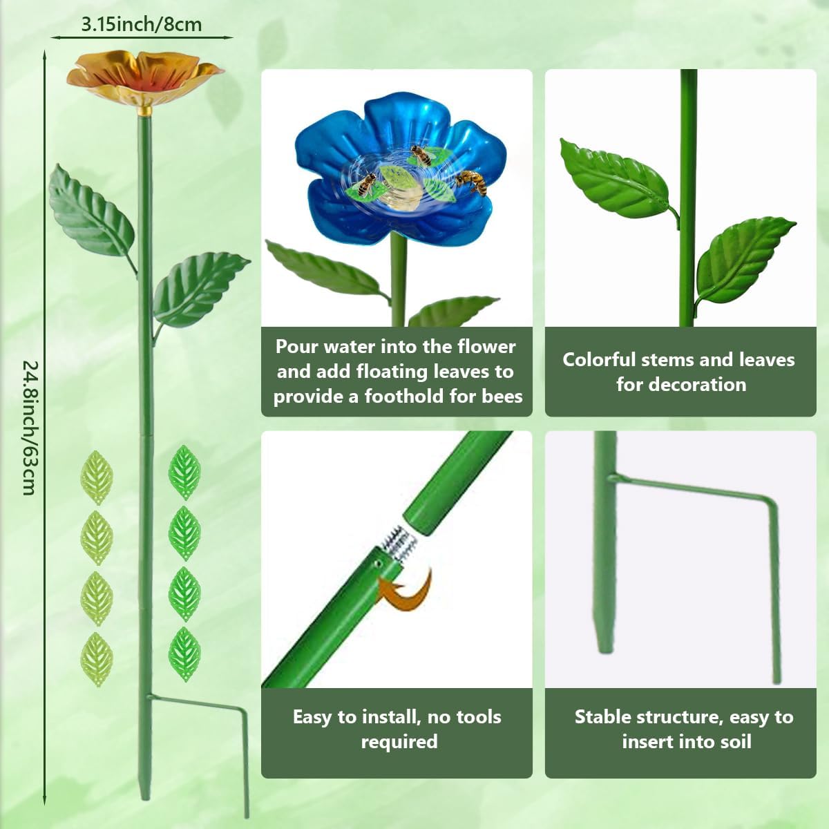 4 Pack Bee Watering Station for Garden, Metal Flower Colorful Butterfly Water Feeders, Butterfly Bath Bowl, Pollinator Watering Stake Decor for Outdoor Yard (Pink,Green,Blue,Orange)