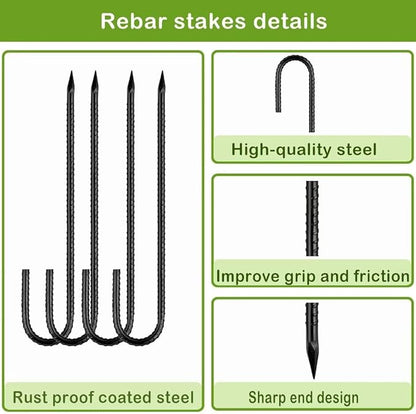 Ground-Stakes-Heavy-Duty-12 inch, J-Hook Rebar Stakes Black Coated Anti-Rust 6pcs Garden Stakes Metal Ground Anchors for Garden Dog Fence Chicken Coop Christmas Decorations Deer Fence