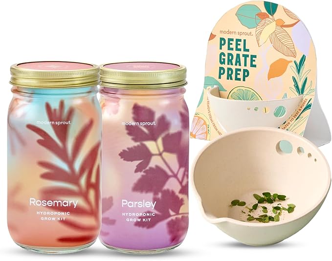Modern Sprout Garden Jar & Herb Stripper Bundle, Self-Watering Herb Grow Kit w/Recyclable Mason Jar + 3-in-1 Prep, Peeler & Grater Plate, Indoor Gardening & Kitchen Gift Set (Rosemary & Parsley)