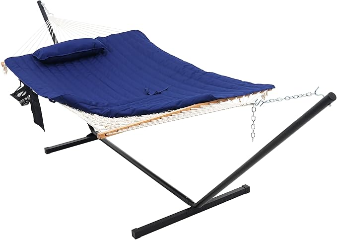 Lazy Daze Hammocks Double Outdoor Hammock with 12 ft Steel Stand, 2 Person Cotton Rope Hammock with Quilted Pad, Spreader Bars, Detachable Pillow, Mag Bag & Cup Holder, Blue