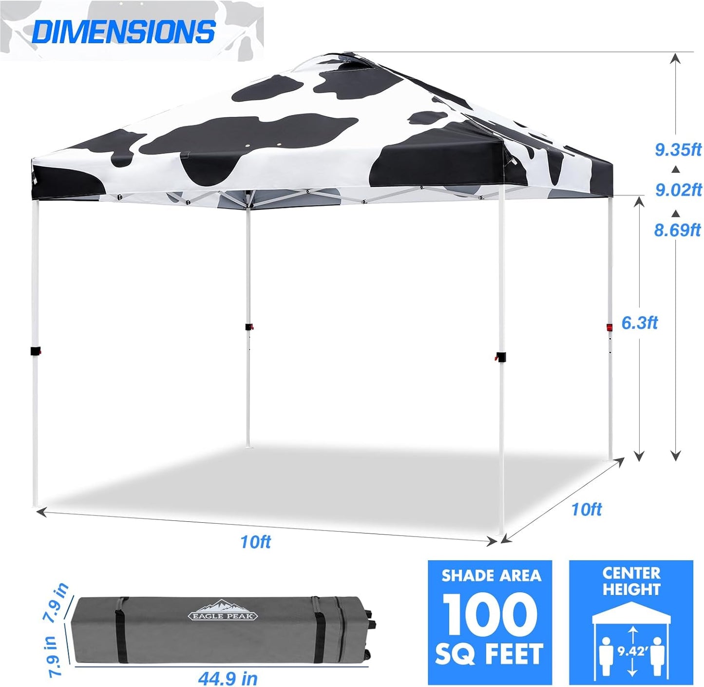 EAGLE PEAK Pop Up Canopy Tent with Wheeled Carry Bag, 8 Stakes, 4 Ropes, 4 Weight Bags, Easy Set Up Tent Canopy, 10x10 ft, 100sqft of Shade, Cow Print