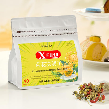 XIEJINJI Chrysanthemum Cassia Seed Tea Bags, 40 Count, Burdock Root, Goji Berry, Honeysuckle, Osmanthus Combination Herbal Tea, Eco-Conscious Packaging