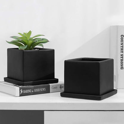 MyGift Modern Black Ceramic Small Plant Pot, Decorative Square Flower Succulent Planter, Set of 2
