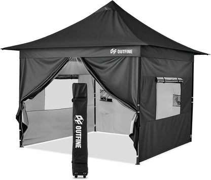 OUTFINE 12×12 Pop Up Canopy-Heavy Duty Canopy Tent with Sturdy Metal Frame(10×10 Base) Reinforced with Steel Cables, Roller Bag, Sidewall×4 for Exhibition, Party&Backyard (Black, 12 * 12FT Pro)