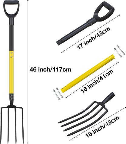 Pitchfork, Steel Tines, Manual Hay Fork, Pitchforks for Gardening Digging Composting Spading,4Tines Garden Fork witn Fiberglass Handle,46Inches (Black)