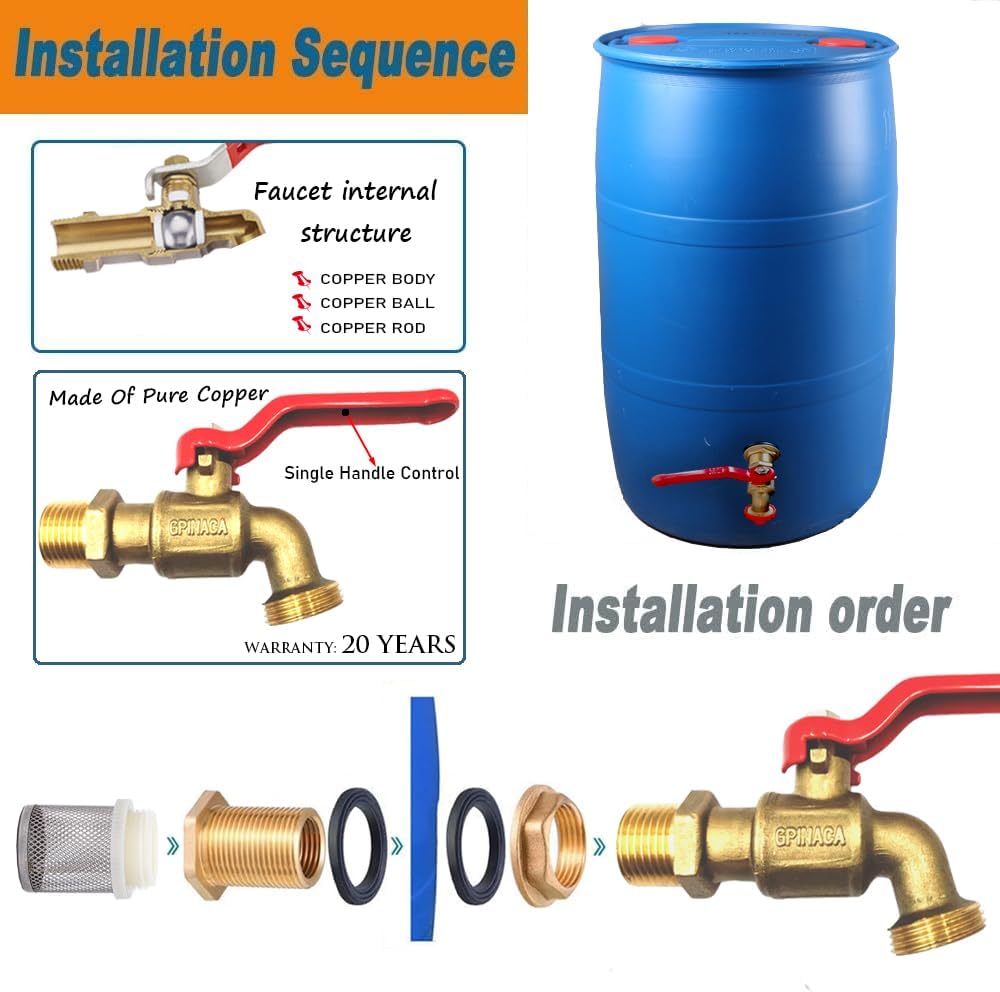 2Pcs Rain Barrel Spigots, Brass Faucet Kits for Rain Water Barrel, Water Tanks, Tubs, Pools Etc, Turn Ball Valve Rain Barrel Spigot with Bulkhead Fitting Set, Hose Adapter, Filter Mesh and Tape