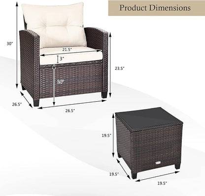 KOTEK 3 Piece Patio Furniture Set, Outdoor Conversation Set with Washable Cushions & Tempered Glass Tabletop, PE Rattan Wicker Bistro Set for Porch, Garden, Balcony (White)