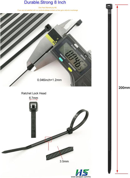 HS 8 Inch Zip Ties Black 40 Pounds Tensile Strength Thin Straps (Bulk 8000 Pack) Nylon PA66 UV Resistant,Self-Locking Small Electrical Plastic Cable Wire Zipties for Outdoor Use,Multi Purpose