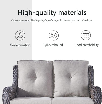 5 Piece Outdoor Patio Furniture Set - Wicker Furniture Patio Conversation Set, Outdoor Swivel Rocker Chairs with Loveseat Sofa and 2 Ottomans for Small Space, Gray Cushion