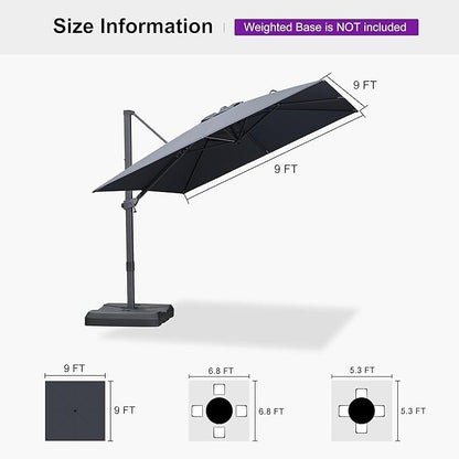 PURPLE LEAF 9' × 9' Patio Cantilever Umbrella Outdoor Square Adjustable Offset Umbrellas with 360-degree Rotation and 8 Heavy Duty Metal Ribs for Garden Deck Pool Gray
