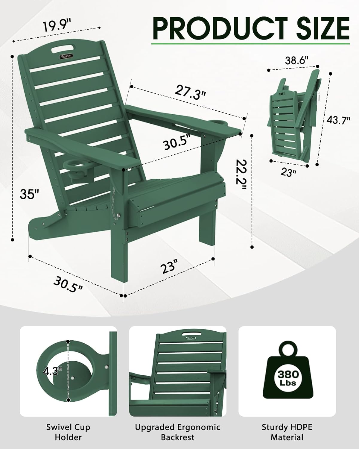 Folding Adirondack Chair HDPE All-Weather Adirondack Chairs with Cup Holder, Outdoor Fire Pit Chairs Lawn Chair for Deck Patio Garden (Green)