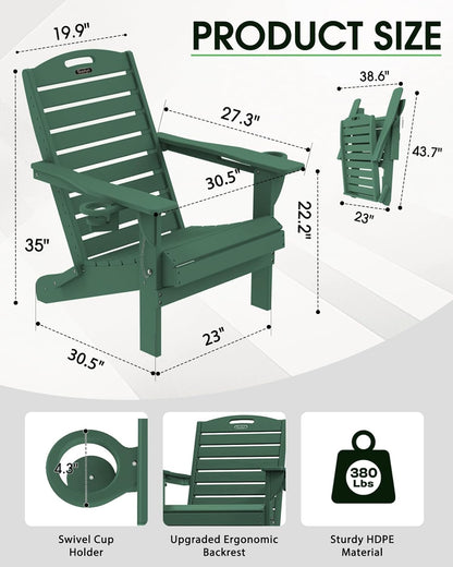 Folding Adirondack Chair HDPE All-Weather Adirondack Chairs with Cup Holder, Outdoor Fire Pit Chairs Lawn Chair for Deck Patio Garden (Green)