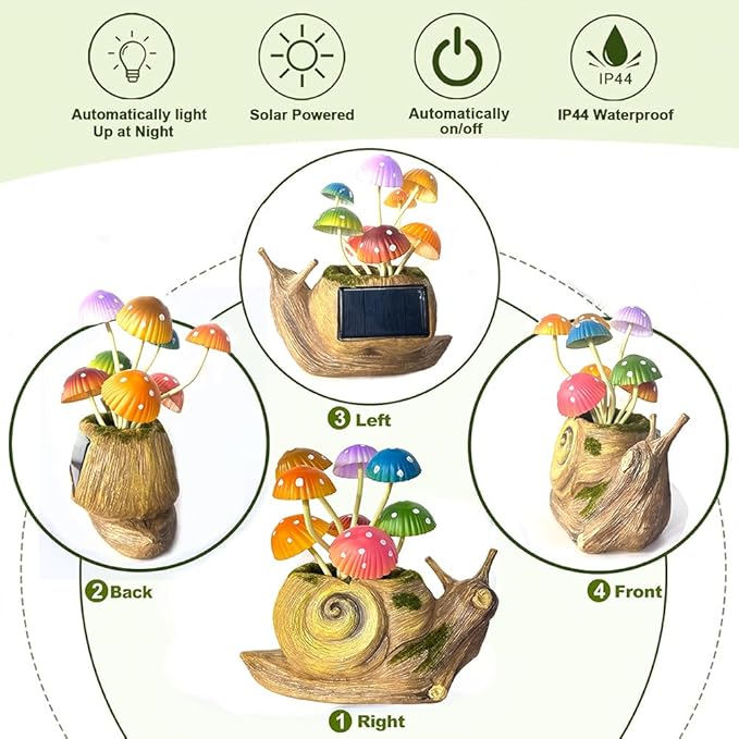 Solar Garden Snail Statue Gift, 1 Pack Solar Outside Snail Sculpture, Outdoor Patio Landscape Mushroom Decorative Art, Porch Deck Balcony Front Garden Decoration, Unique House Warming Gift