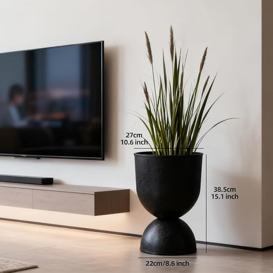 Lookat Modern Hourglass Planter, Indoor Decorative Plastic Plant Container, Textured Metal Look, Contemporary Home Garden Pot (Beige, CUP001)