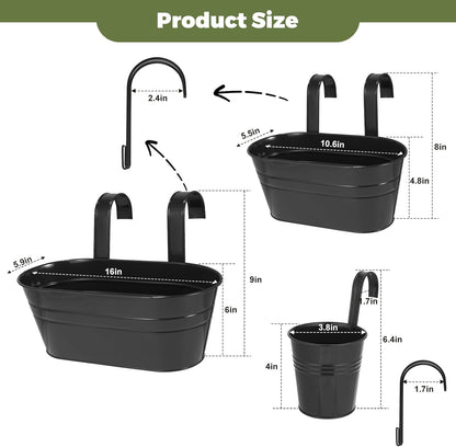 3 Different Size Metal Iron Hanging Flower Pots 13 Pcs for Outdoor Plants Metal Hanging Bucket Pots Iron Railing Fence Planter with Drainage Holes and Hooks for Porch Railing Balcony Fence (Black)