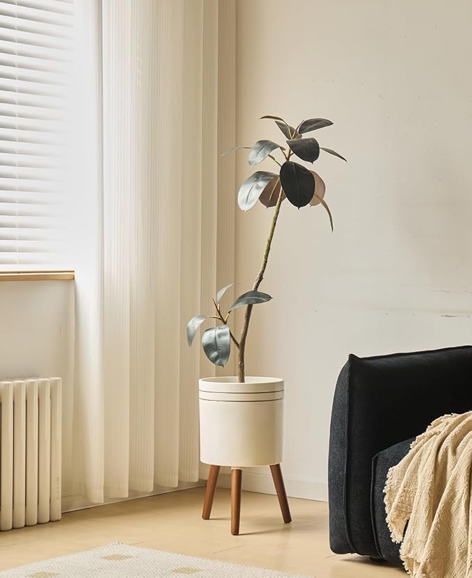 12 Inch Plant Pot with Oak Wood Stand, Large Planter for Indoor Plant, Simple Modern Flower Pot Flower Pot with Drainage Hole for Outdoor