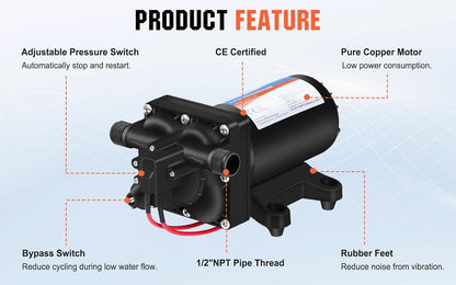 YOUNGTREE RV Fresh Water Pressure Pump 12V 5.5GPM 70PSI, On Demand Self Priming Water Pump 12Volt include 3/4" Garden Hose Adapters for Yacht Agricultural Irrigation Spraying Kitchen