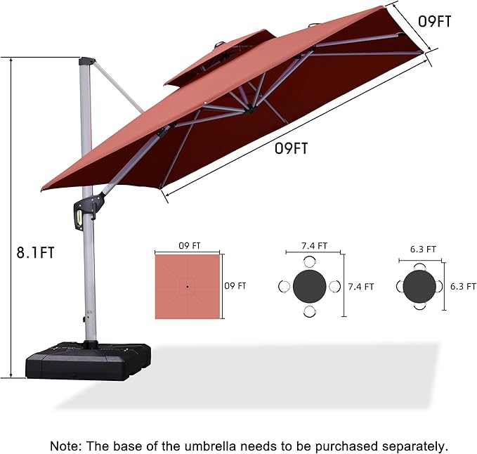 PURPLE LEAF 9ft Patio Umbrella Outdoor Square Umbrella Large Cantilever Umbrella Windproof Offset Heavy Duty Sun for Garden Deck Pool Patio, Brick Red