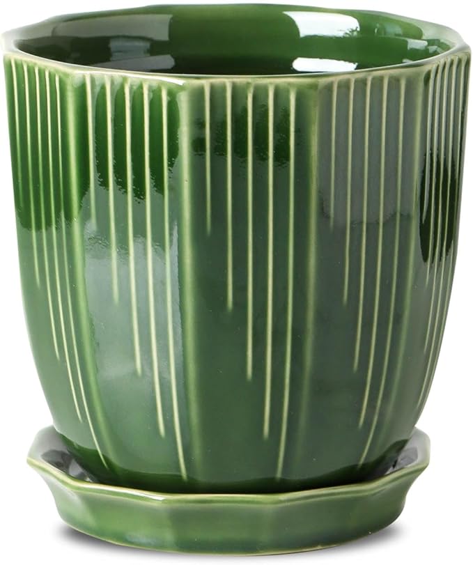 ADN Ceramic Planter - Large Plant Pot Geometric Design Flower Pot with Drainage Hole and Saucer for Outdoor Indoor Plants (Green, 6 in)