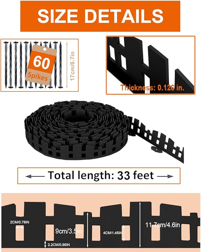 Garden Edging 33FT, Landscape Edging Borders [Extra Tall 4.6IN ] Flexible Lawn Edging Kit with 60pcs Stakes,Mini Plastic Fence for Tree Flowerbeds Grass Yard -Black-1