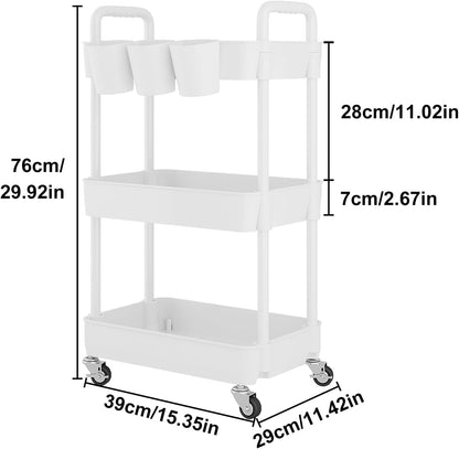 UDEAR 3-Tier Rolling Utility Cart,Multifunctional Storage Shelves with Handle and Lockable Wheels for Room,Office,Kitchen,Bathroom,with 3 Hanging Cups,White