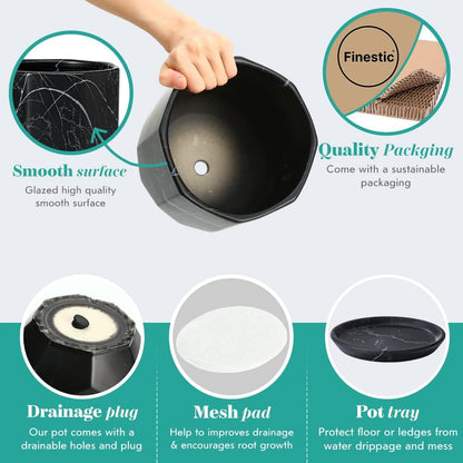 Large Marble Black Plant Pot with Drainage Holes and Saucers, Ceramic Pots for Indoor Outdoor Plants, 7 Inch Premium Hand Glazed Planters for Flower, Garden, Succulent, Nursery, Home Decor