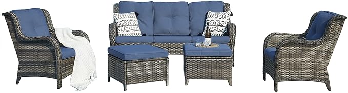 Rilyson Outdoor Patio Wicker Furniture Set - 5 Piece Rattan Patio Conversation Sectional Sofa Set with 1 Couch,2 Armchairs,2 Ottomans for Porch Deck Garden(Mixed Grey/Blue)