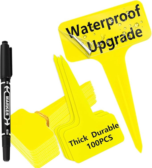 100 Pcs Yellow Thick Plastic Plant Labels Markers Tags Garden Re-Usable T-Type Sign with Marking Pen