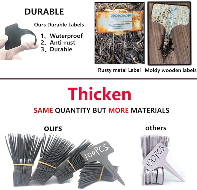 100 Pcs Waterproof Black Durable Plastic Plant Outdoor Garden Labels Nursery Markers T-Type Thick Tags Re-Usable for Vegetables Seedlings