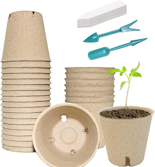 50Pcs Biodegradable Seedling Pots Seed Starter Kit 3.15 Inch Round Peat Pot with Drainage Holes, Plant Labels, Seedling Pickers & Garden Shovels