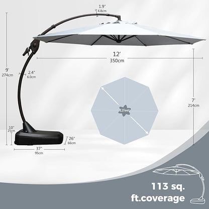 Grand patio 12 FT Sunbrella Outdoor Cantilever Umbrella with Base Patio Large Aluminum Offset Umbrella for Deck Yard (Granite-SUNBRELLA, 12 FT)