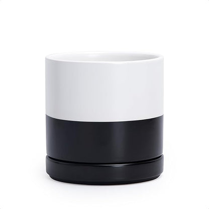 D'vine Dev 6.5 Inch Ceramic Planter Pot with Drainage Hole and Saucer, Indoor Cylinder Round Planter Pot, Layered Monochrome Black & White, 94-O-C-L
