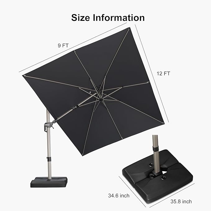 PURPLE LEAF 9' X 12' Left-right Tilting Patio Umbrella with Base Outdoor Swivel Cantilever Offset Aluminum Umbrella with Champagne Frame and 360-degree Rotation for Garden Deck Pool, Grey
