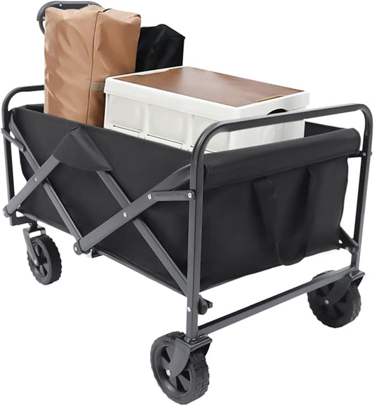 Collapsible Folding Wagon Garden Cart, 31" 176 LBS Capacity Beach Wagon with 5" Rubber Wheels, Adjustable Handle and 2 Cup Holders, Utility Wagons Carts for Grocery Camping Sports Shopping Garden