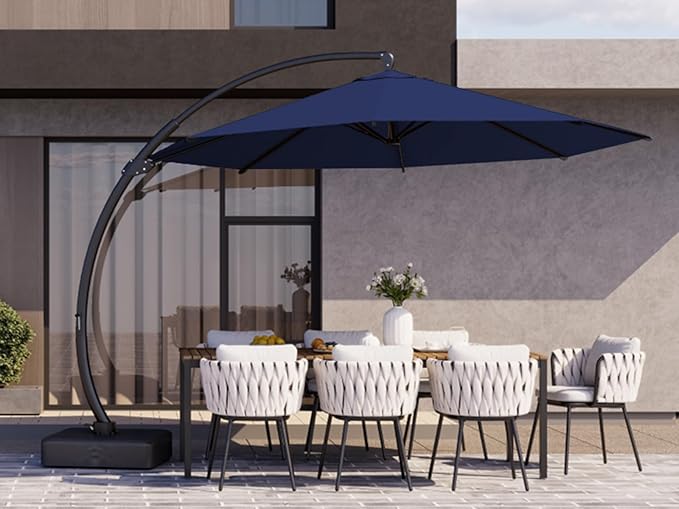 Kingdura 12ft Offset Cantilever Patio Umbrella with Base Included, Large Round Aluminum Outdoor Umbrella, 360° Rotation & Infinite Tilt, Heavy Duty Frame for Deck Pool Backyard, Navy blue