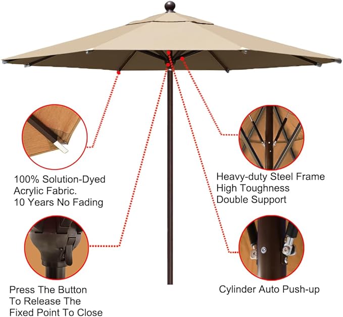 EliteShade USA 10-Year-Non-Fading 11Ft Market Umbrella Patio Outdoor Cylinder Auto Push-up Table Umbrella with Ventilation, Heather Beige