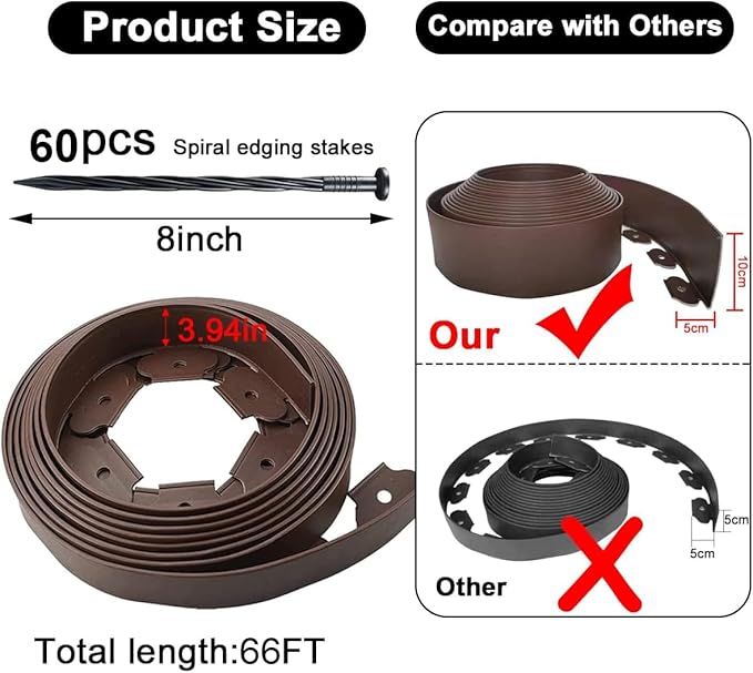 Flexible Garden Edging Borders 66FT,Landscape Edging Brown [Extra Tall 4IN High] with 60pcs Stakes,Garden Border Lawn Edging Mini Plastic Fence-Brown