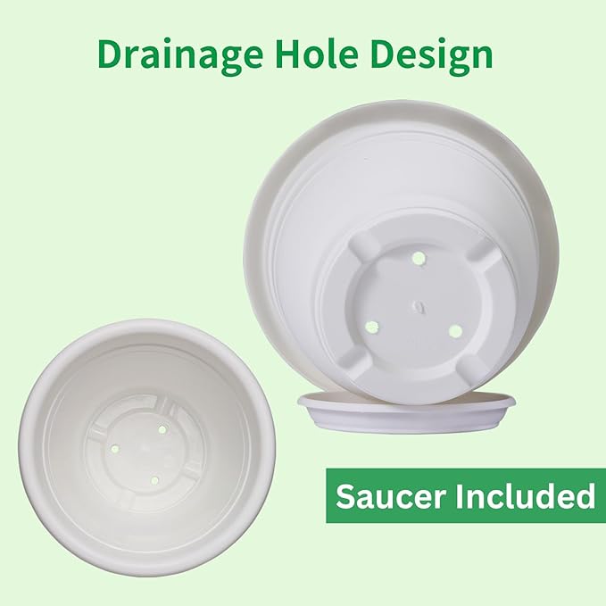 5 Packs 14 inch Flower Pots + Saucer, Planters for Indoor & Outdoor Plants with Drainage Holes | Plastic Flower Pots, Large Planter (White, 14 inch)