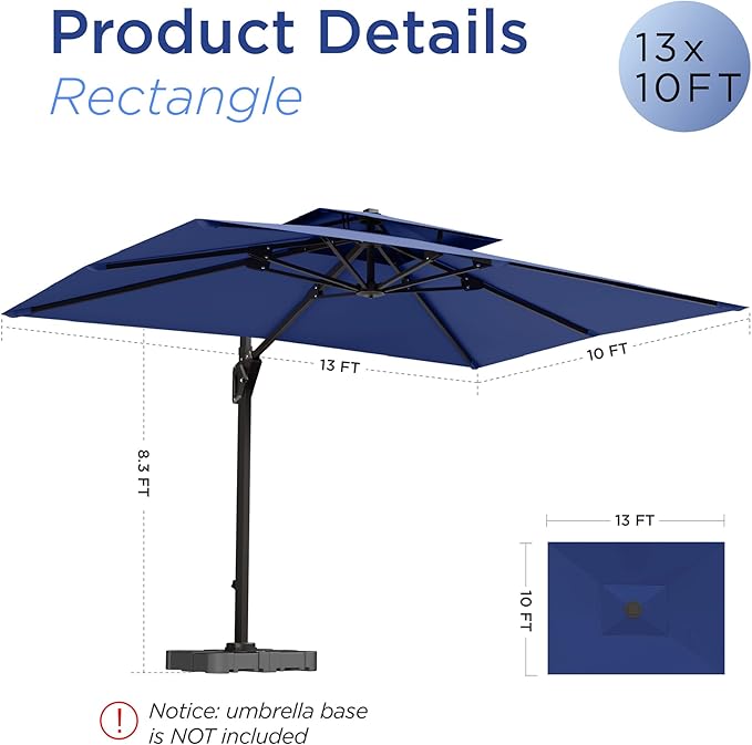 10' X 13' Patio Umbrella with Base Included Outdoor Large Rectangle Offset Cantilever Umbrellas Double Top Heavy Duty Windproof with 360-degree Rotation for Pool Garden Deck