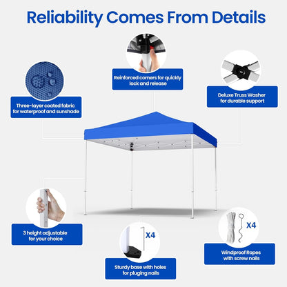 10x10ft Pop Up Canopy Tent,Heavy Duty Waterproof Folding Tent for Camping Parties Events Parties,Outdoor Canopy,Portable Sun Shelter,3 Adjustable Height(Blue)