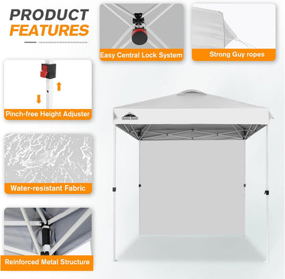 EAGLE PEAK Pop Up Canopy Tent with 1 Sidewall, Easy Setup Event Tent, Outdoor Sun Shade, Wheeled Carry Bag, Stakes and Guy Ropes, Instant Canopy 6.6x6.6, White