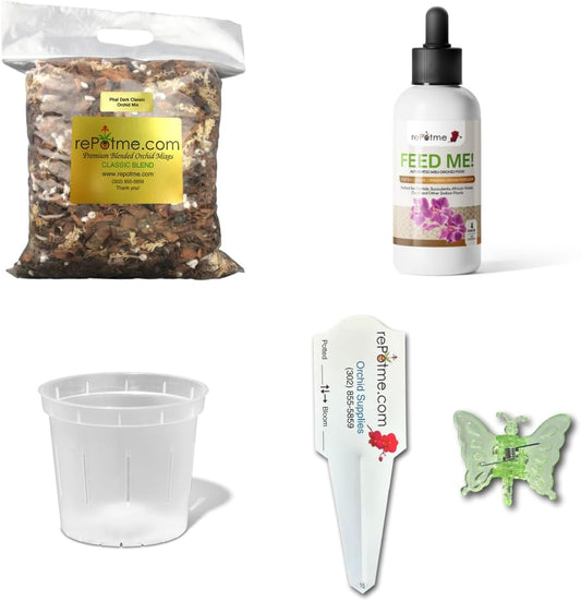 rePotme Deluxe Orchid Starter Kit - Phalaenopsis Dark Classic - (Includes Orchid Potting Mix, Orchid Fertilizer, Plus a 5 inch Orchid Pot, Flower Clip, and Plant Label)