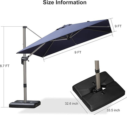 PURPLE LEAF Patio Umbrella with Base Included, 9ft Outdoor Aluminum Cantilever Umbrella with 360° Rotation, Aluminum Large Offset Umbrella for Outdoor Garden Pool, Navy Blue