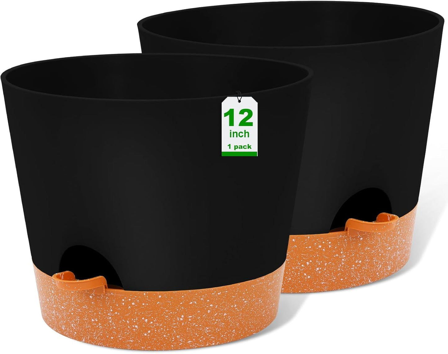 GARDIFE 12 inch Plant Pots, planters,Self Watering Pots, 2 Pack Large Plastic Flower pots with Deep Reservior and High Drainage Holes for Indoor Outdoor Plants and Flowers, Black