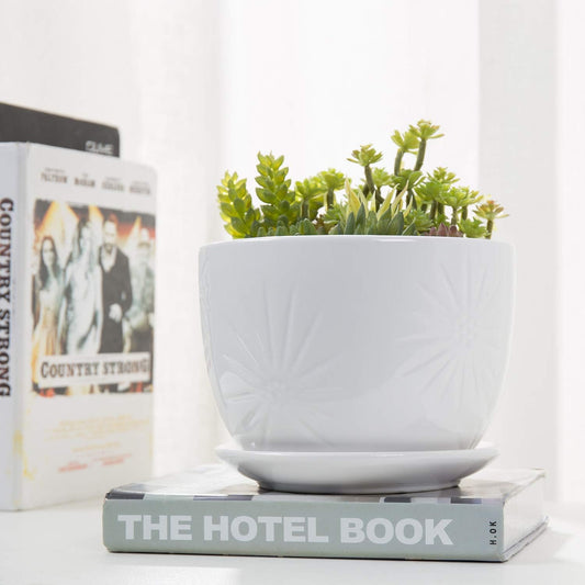 MyGift 7 Inch Round White Ceramic Plant Pot with Drainage Hole and Attached Saucer, Modern Decorative Embossed Sunburst Planter Container for Indoor Home Garden