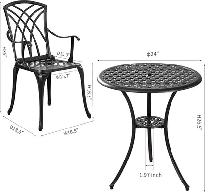 Bistro Set 3 Piece Outdoor,Cast Aluminum Outdoor Bistro Set,All Weather Bistro Table and Chairs Set of 2 with 1.97" Umbrella Hole,Patio Bistro Sets for Garden(Woven Black)