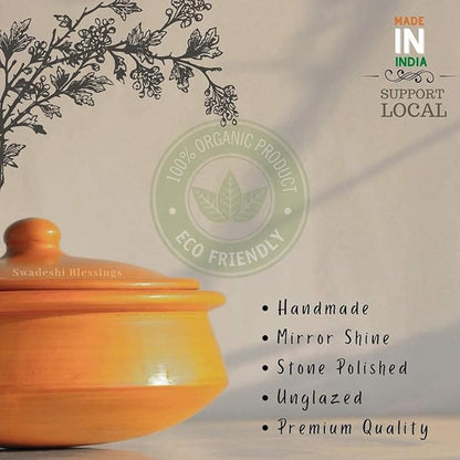 Swadeshi Blessings HandMade Exclusive Range Unglazed Clay Handi/Earthen Kadai/Clay Pot For Cooking & Serving with Lid, 2.8Liters (With Natural White Firing Shade & Mirror Shine) (Red)