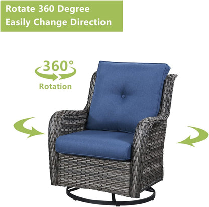 Outdoor Wicker Patio Furniture Set - 5 Piece Rattan Patio Conversation Set with 2 Rocking Swivel Chairs,2 Ottomans and 1 Sofa for Porch Deck Backyard Garden(Mixed Grey/Blue)